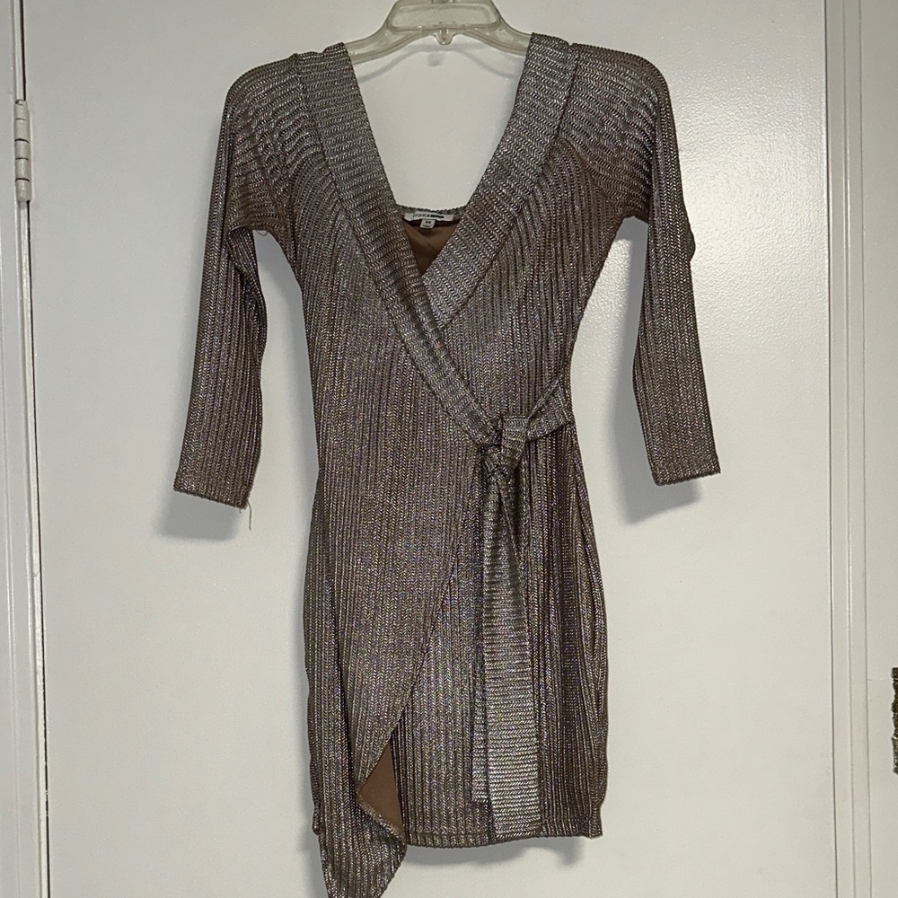 Elegant Off the Shoulder Metallic Wrap Dress